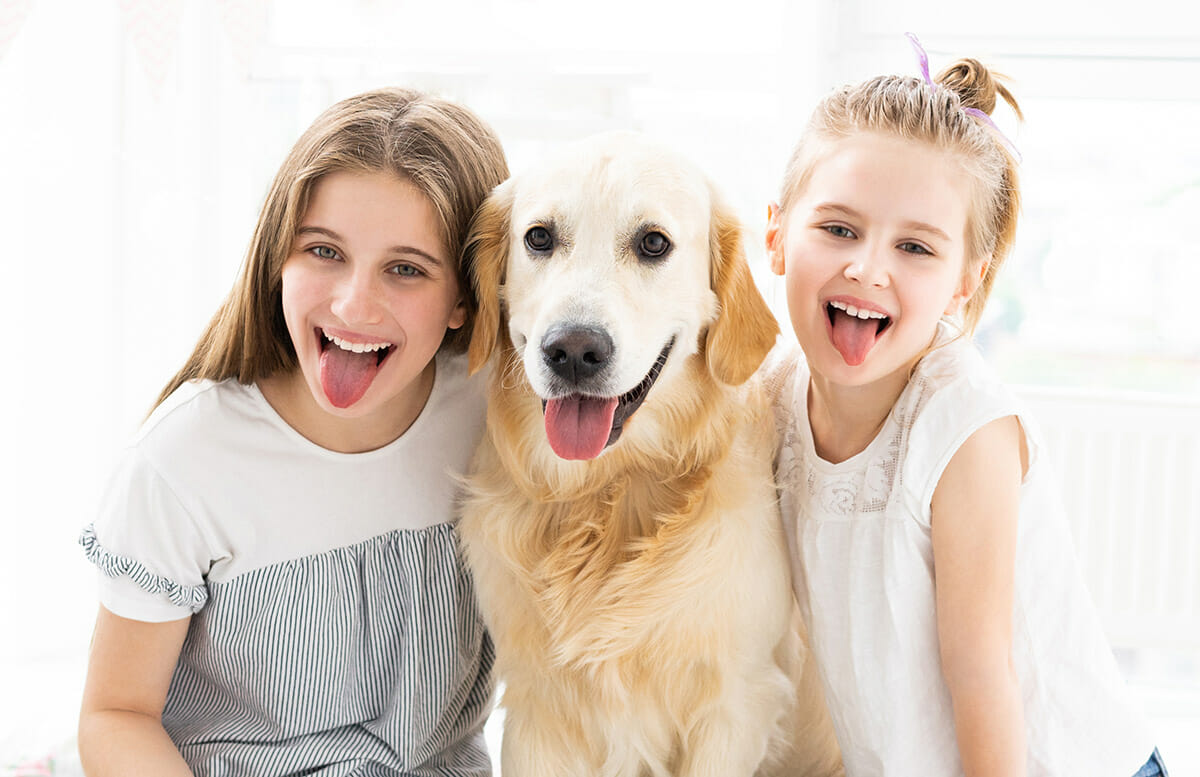 Girls with a cute dog in the bright room