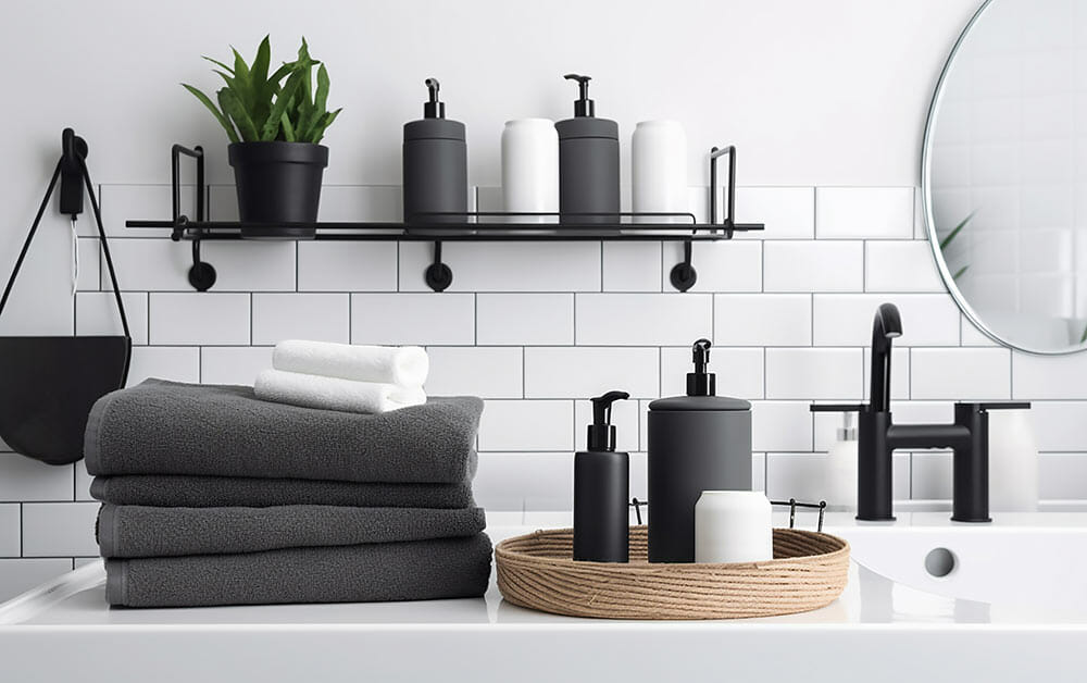 bathroom with black accessories with group towels and white towel