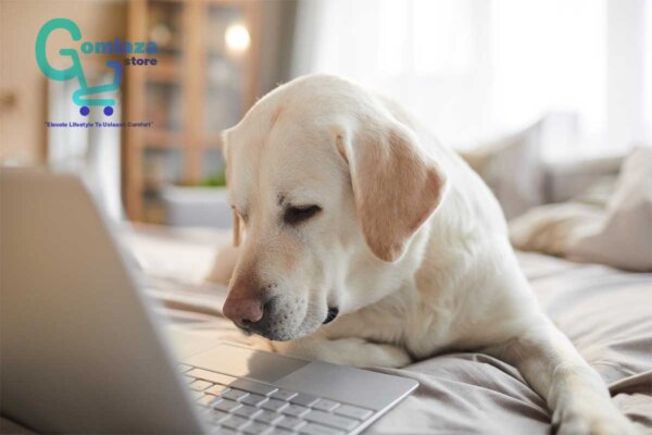 White labrador dog using a laptop while lying on the bed and reading The Active Lifestyle Optimization Guide