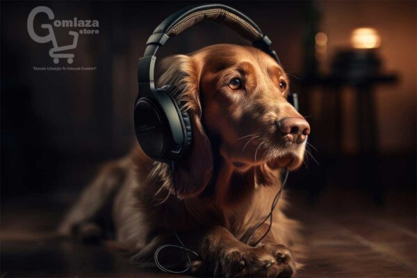 Golden Retriever dog wears headphones to listen to the training mode audio tone to enhance an active lifestyle